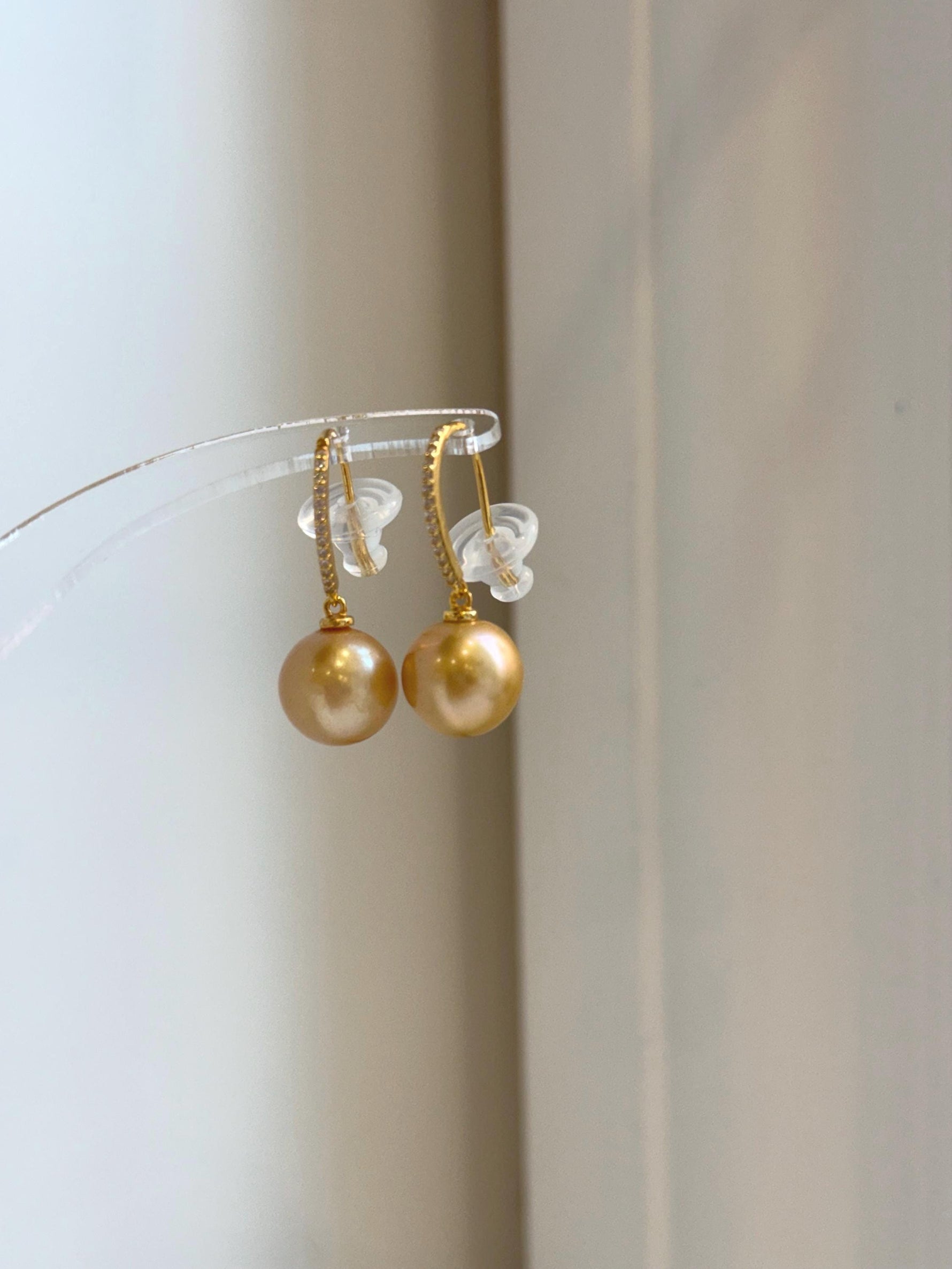 Elly’s 10.8mm Edison deep gold Pearls Earrings Hooks: Extreme luster Mirrored,  2.8cm high, S925 silver earrings. gift for her