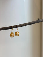 Elly’s 10.8mm Edison deep gold Pearls Earrings Hooks: Extreme luster Mirrored,  2.8cm high, S925 silver earrings. gift for her