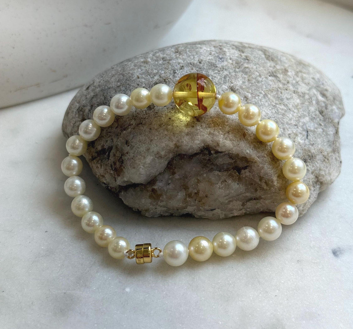 Elly’s 6.6-7mm Genius Akoya golden ocean Pearls Natural Amber Bracelet: Extreme luster mirrored, 7.6” knotted, S925 silver magnetic clips. gift for her birthday