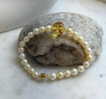 Elly’s 6.6-7mm Genius Akoya golden ocean Pearls Natural Amber Bracelet: Extreme luster mirrored, 7.6” knotted, S925 silver magnetic clips. gift for her birthday