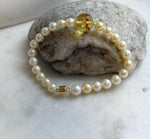 Elly’s 6.6-7mm Genius Akoya golden ocean Pearls Natural Amber Bracelet: Extreme luster mirrored, 7.6” knotted, S925 silver magnetic clips. gift for her