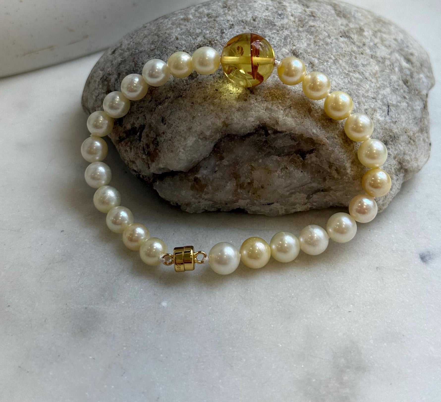Elly’s 6.6-7mm Genius Akoya golden ocean Pearls Natural Amber Bracelet: Extreme luster mirrored, 7.6” knotted, S925 silver magnetic clips. gift for her