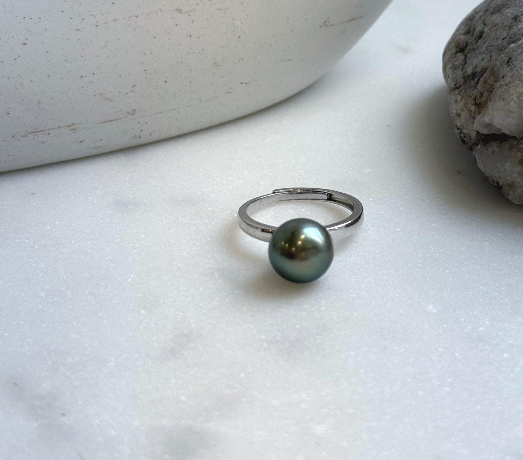 Elly’s 10.3mm Tahitian Ocean Peacock green ocean Pearl Ring: Extreme luster mirrored, S925 silver adjustable Ring. Pearl Jewelry Idea.