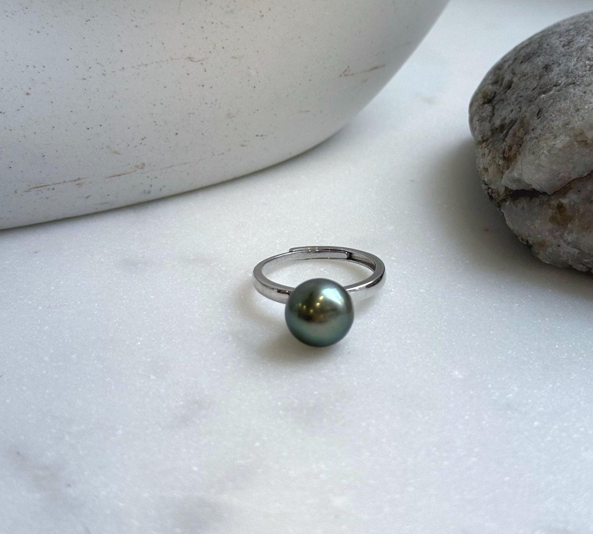 Elly’s 10.3mm Tahitian Ocean Peacock green ocean Pearl Ring: Extreme luster mirrored, S925 silver adjustable Ring. Pearl Jewelry Idea.