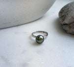 Elly’s 10.3mm Tahitian Ocean Peacock green ocean Pearl Ring: Extreme luster mirrored, S925 silver adjustable Ring. Pearl Jewelry Idea.