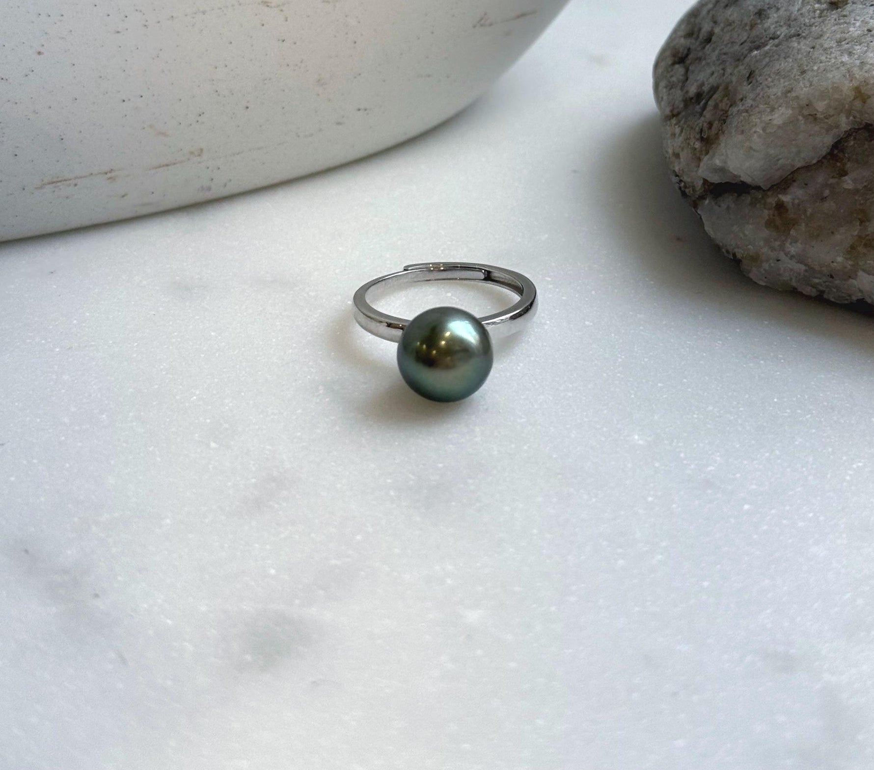 Elly’s 10.3mm Tahitian Ocean Peacock green ocean Pearl Ring: Extreme luster mirrored, S925 silver adjustable Ring. Pearl Jewelry Idea.