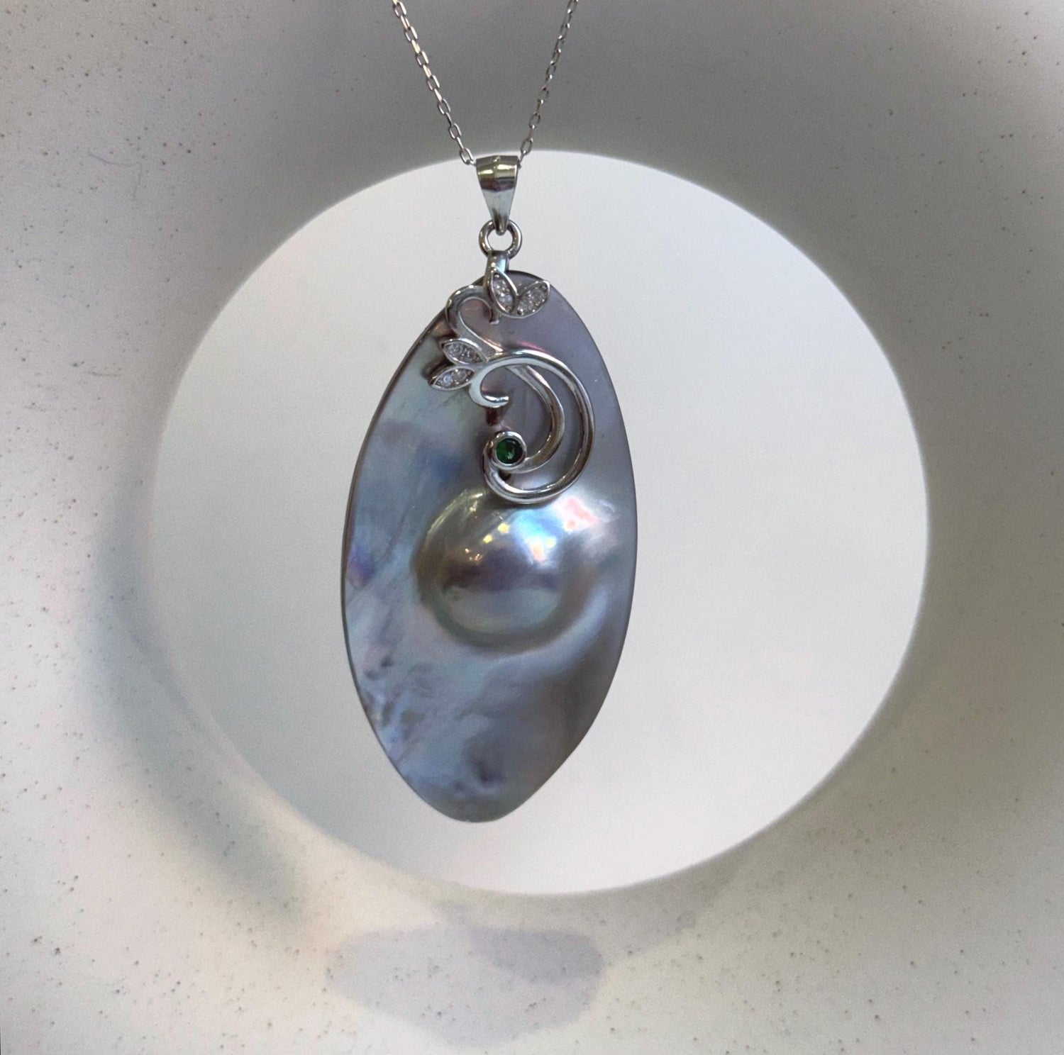 Elly’s 26.6x50mm silver iridescent  Australian Ocean Mabe Pendant : Extreme luster, S925 silver floral pendant, with chain. gift for her