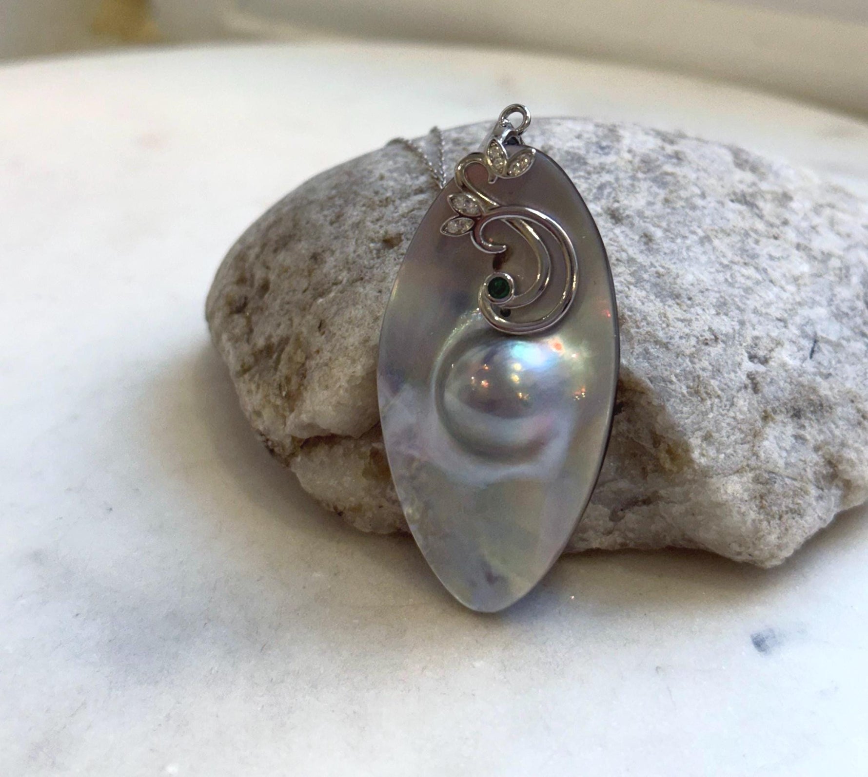 Elly’s 26.6x50mm silver iridescent  Australian Ocean Mabe Pendant : Extreme luster, S925 silver floral pendant, with chain. gift for her birthday