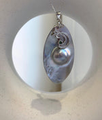Elly’s 26.6x50mm silver iridescent  Australian Ocean Mabe Pendant : Extreme luster, S925 silver floral pendant, with chain. gift for her Valentine’s Day