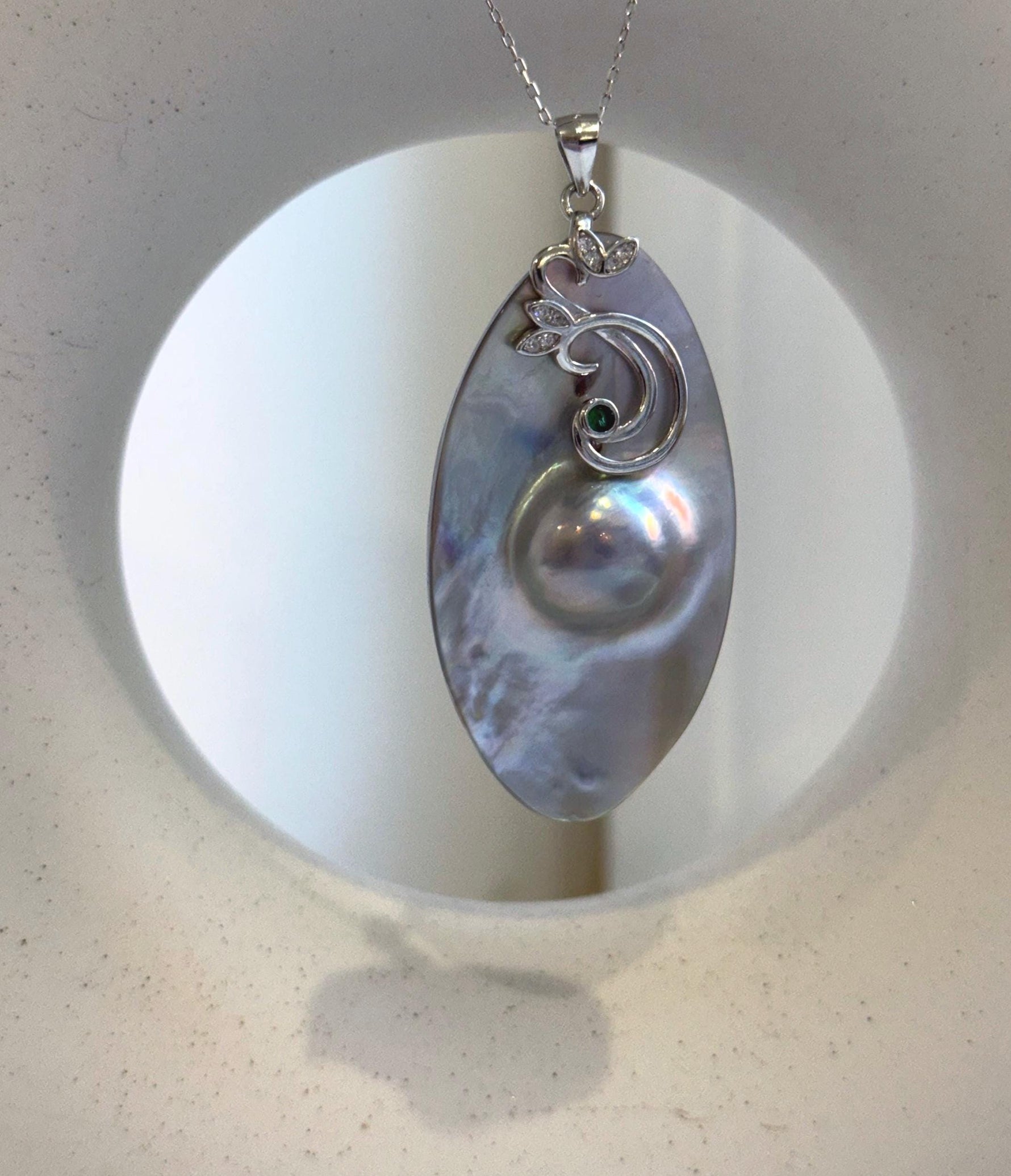 Elly’s 26.6x50mm silver iridescent  Australian Ocean Mabe Pendant : Extreme luster, S925 silver floral pendant, with chain. gift for her Valentine’s Day