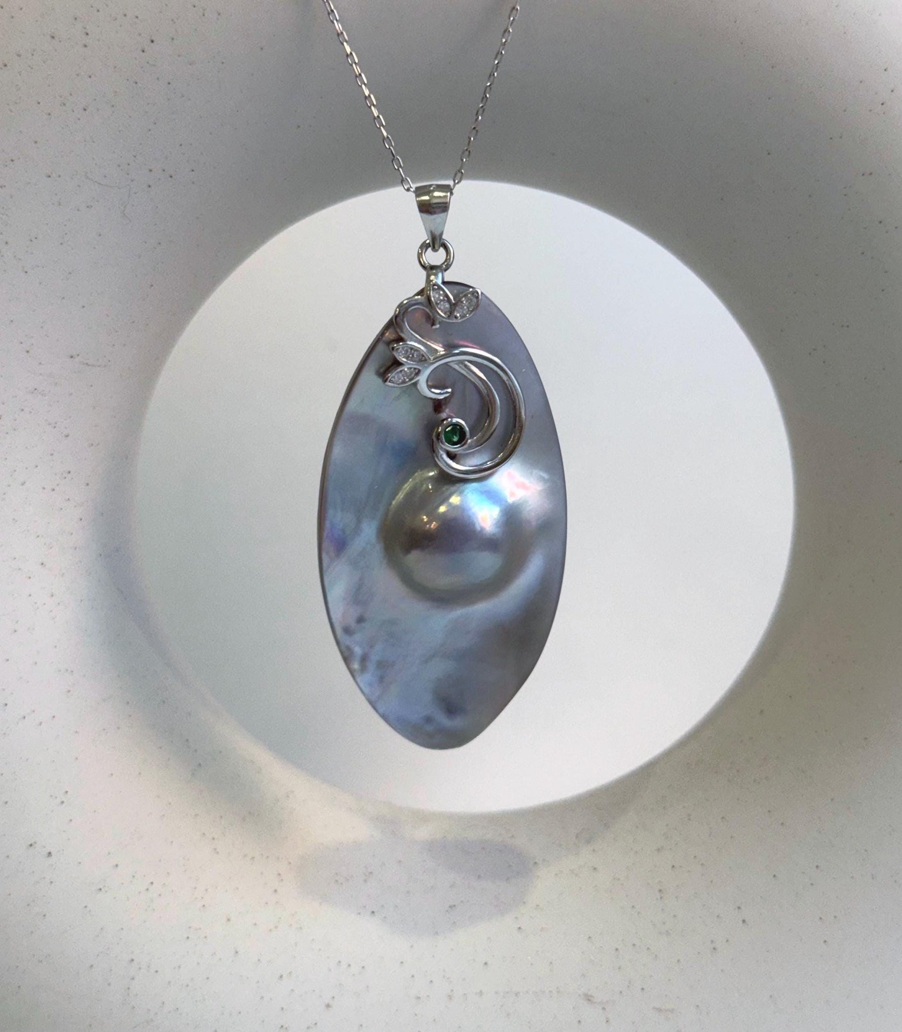 Elly’s 26.6x50mm silver iridescent  Australian Ocean Mabe Pendant : Extreme luster, S925 silver floral pendant, with chain. gift for her