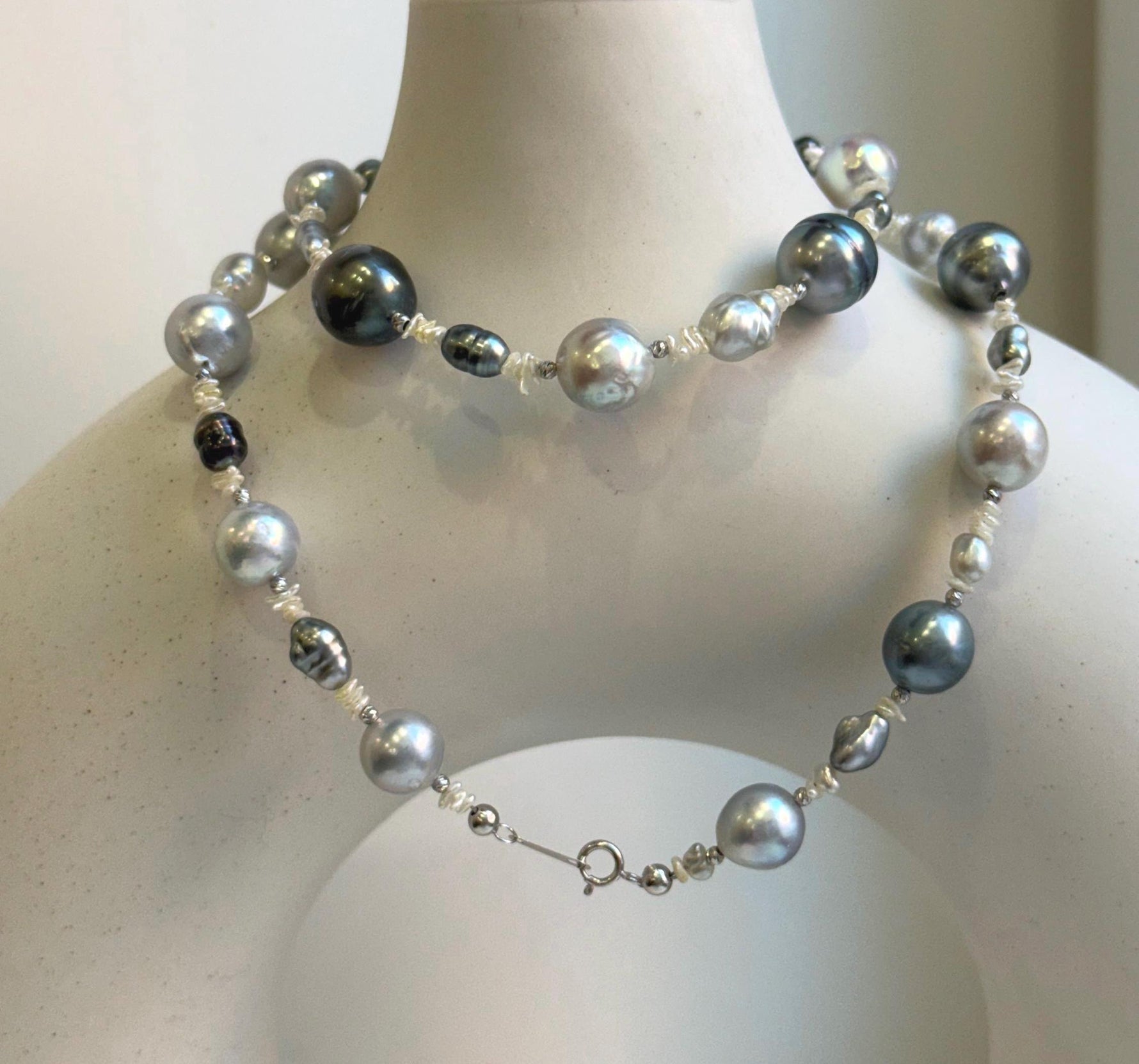 Elly’s Au750 18k White gold saltwater keshi pearls Necklace: Extreme luster, Tahitian Keshi Akoya Ocean pearls, 18.1”, 18k gold elegant unique pearls necklace. gift for her engagement