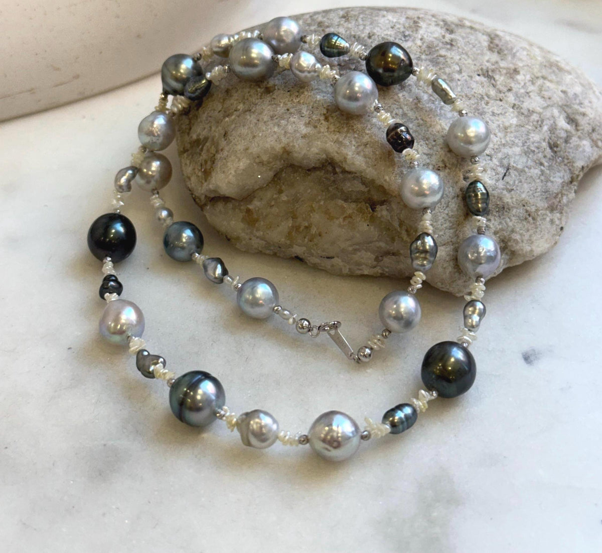 Elly’s Au750 18k White gold saltwater keshi pearls Necklace: Extreme luster, Tahitian Keshi Akoya Ocean pearls, 18.1”, 18k gold elegant unique pearls necklace. gift for her birthday anniversary