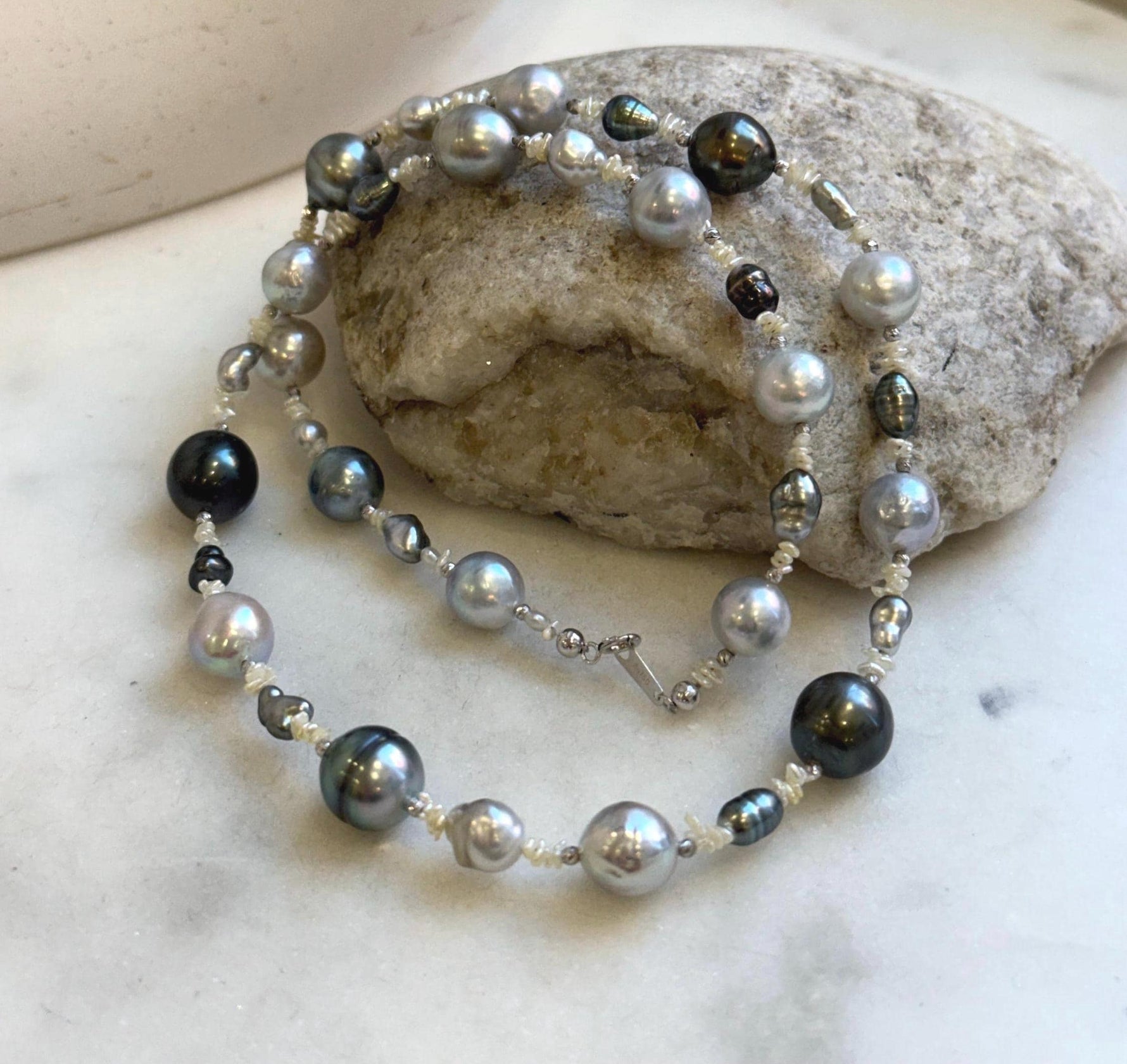 Elly’s Au750 18k White gold saltwater keshi pearls Necklace: Extreme luster, Tahitian Keshi Akoya Ocean pearls, 18.1”, 18k gold elegant unique pearls necklace. gift for her wedding