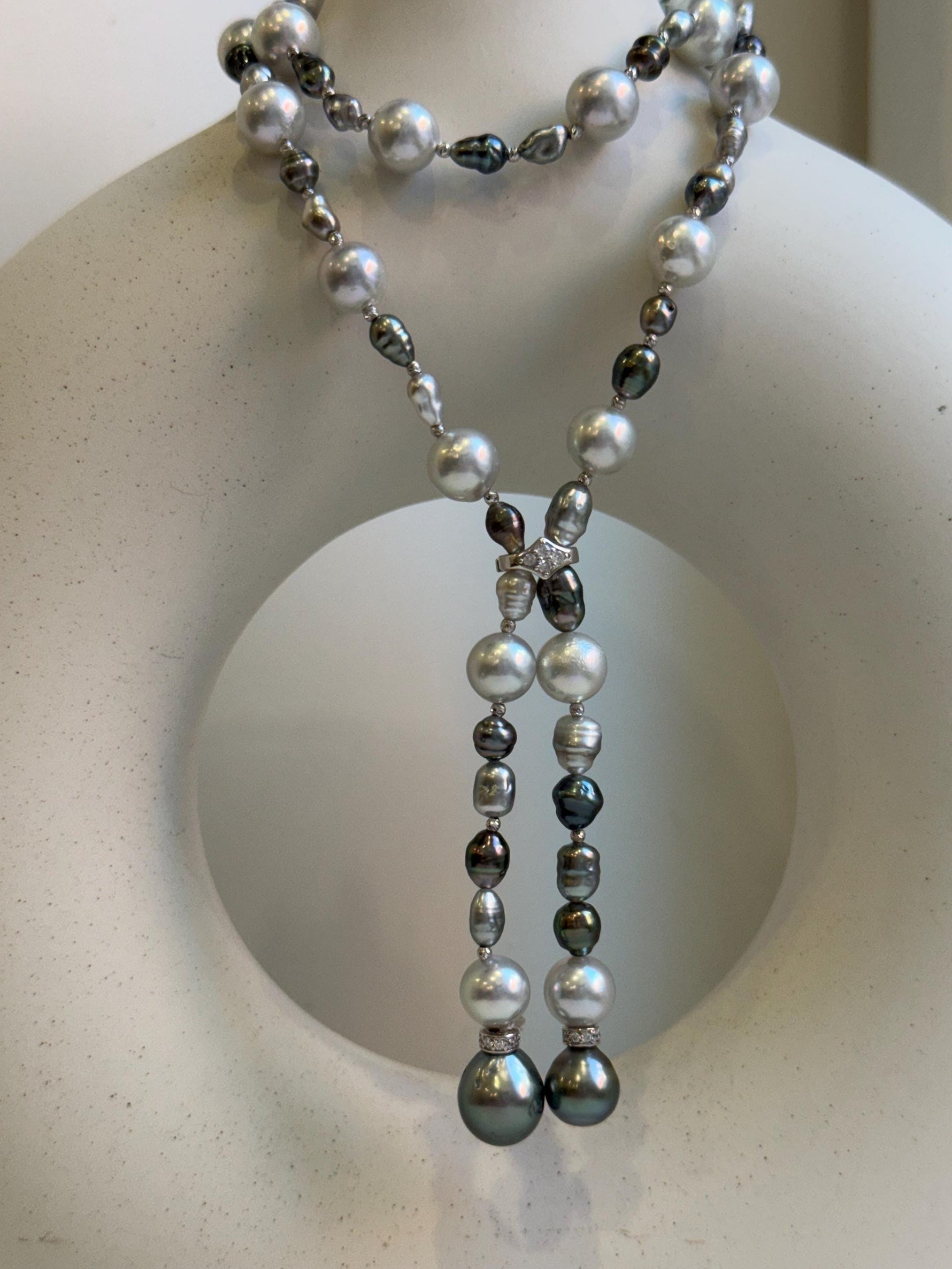 Elly’s Au750 18k White gold saltwater keshi pearls Necklace: Extreme luster, Tahitian Keshi Akoya Ocean pearls, 22.4”, 18k gold necklace.