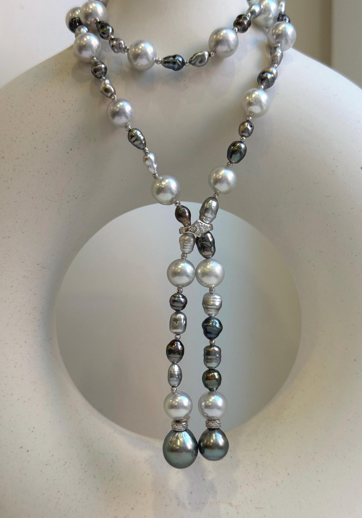 Elly’s Au750 18k White gold saltwater keshi pearls Necklace: Extreme luster, Tahitian Keshi Akoya Ocean pearls, 22.4”, 18k gold necklace. gift for her birthday
