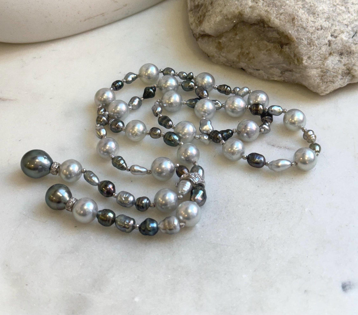 Elly’s Au750 18k White gold saltwater keshi pearls Necklace: Extreme luster, Tahitian Keshi Akoya Ocean pearls, 22.4”, 18k gold necklace. gift for her daily wear necklace