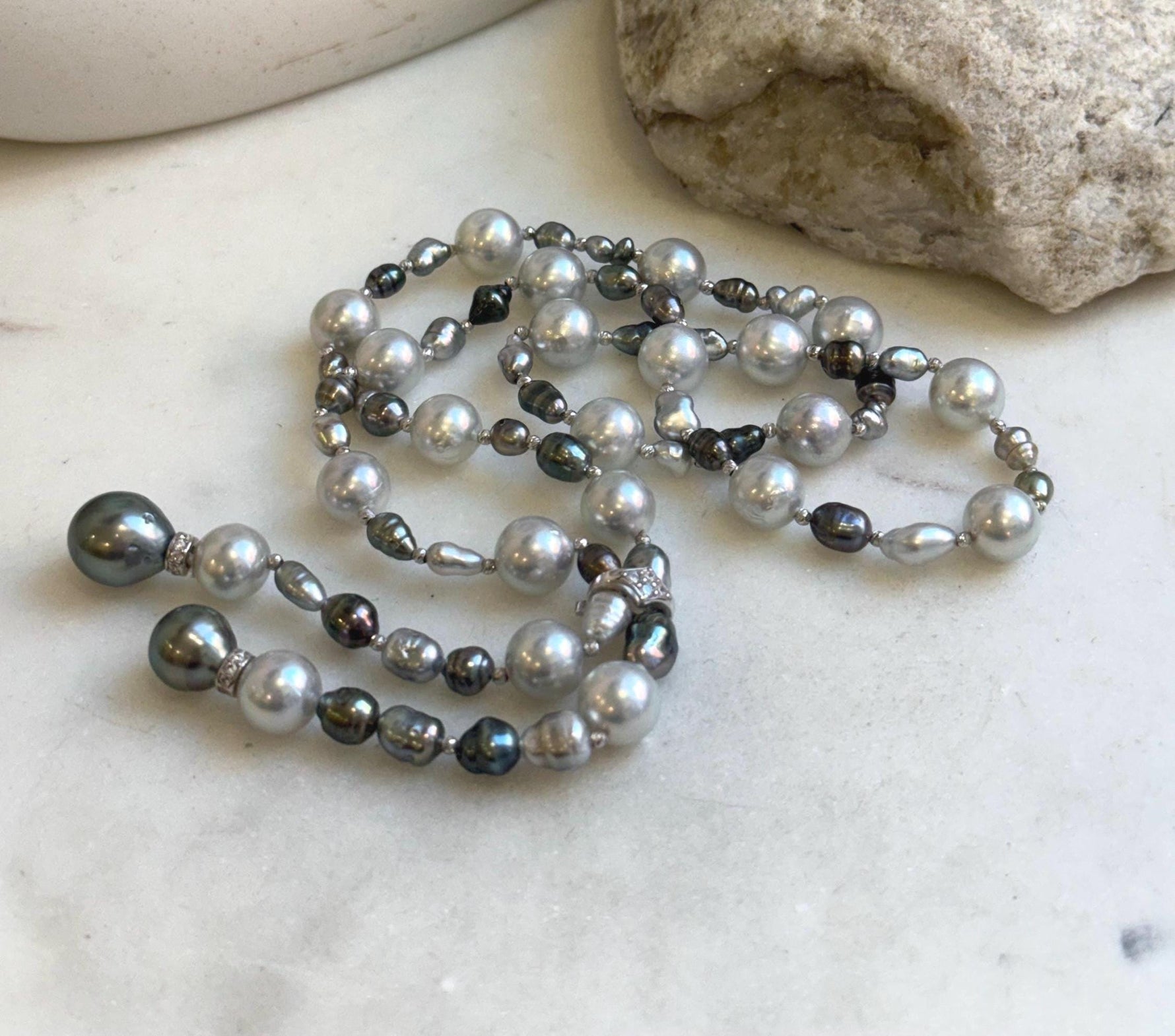 Elly’s Au750 18k White gold saltwater keshi pearls Necklace: Extreme luster, Tahitian Keshi Akoya Ocean pearls, 22.4”, 18k gold necklace. gift for her daily wear necklace