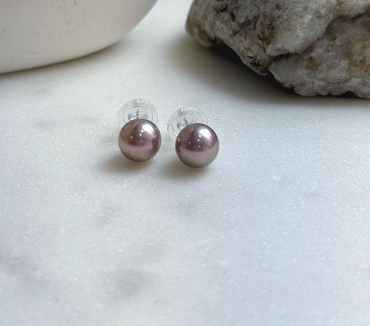 Elly’s 9.9mm Edison Metallic Rose Pearls Earrings studs: Extreme luster Mirrored, S925 silver Classic minimalist earrings studs. gift for her birthday