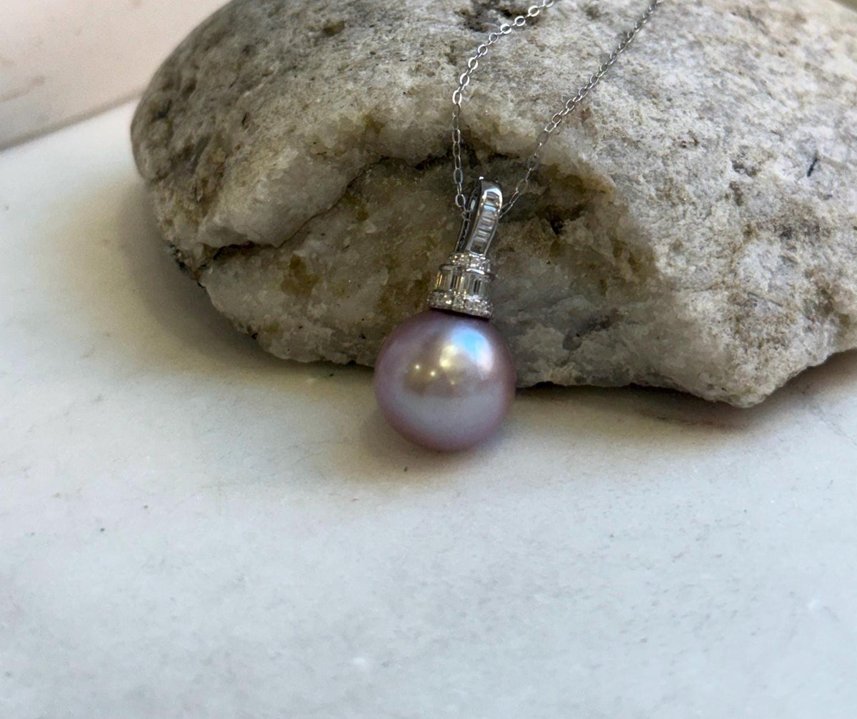 Elly’s 13.3mm Edison Pearl Pendant: Extreme luster mirrored, rose pearl, s925 silver minimalist pendant necklace set. gift for her