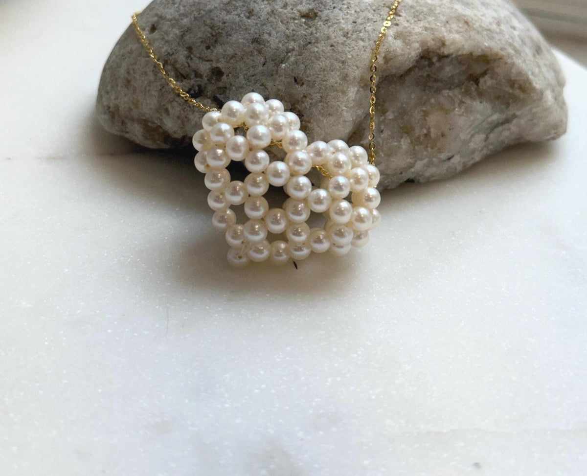 Elly’s 3D Heart white small pearls pendant: Extreme luster mirrored, 3.9-4.5mm, 3.5x3cm, S925 silver chain set. Pearl jewelry idea.