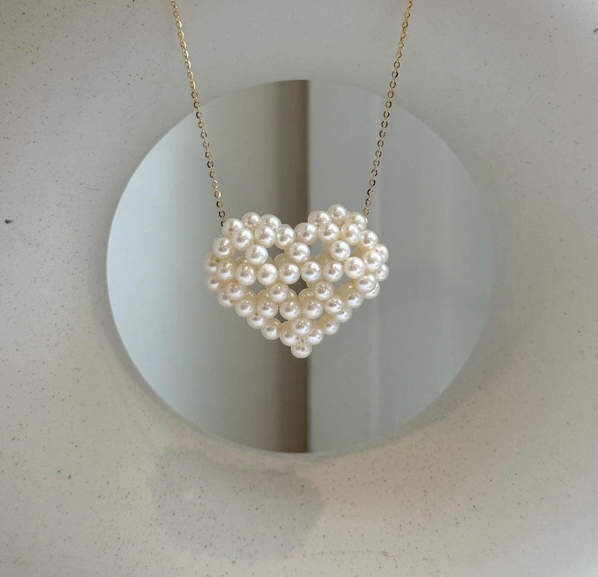 Elly’s 3D Heart white small pearls pendant: Extreme luster mirrored, 3.9-4.5mm, 3.5x3cm, S925 silver chain set. Pearl jewelry idea.