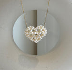 Elly’s 3D Heart white small pearls pendant: Extreme luster mirrored, 3.9-4.5mm, 3.5x3cm, S925 silver chain set. Pearl jewelry idea.