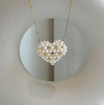 Elly’s 3D Heart white small pearls pendant: Extreme luster mirrored, 3.9-4.5mm, 3.5x3cm, S925 silver chain set. Pearl jewelry idea. gift for her