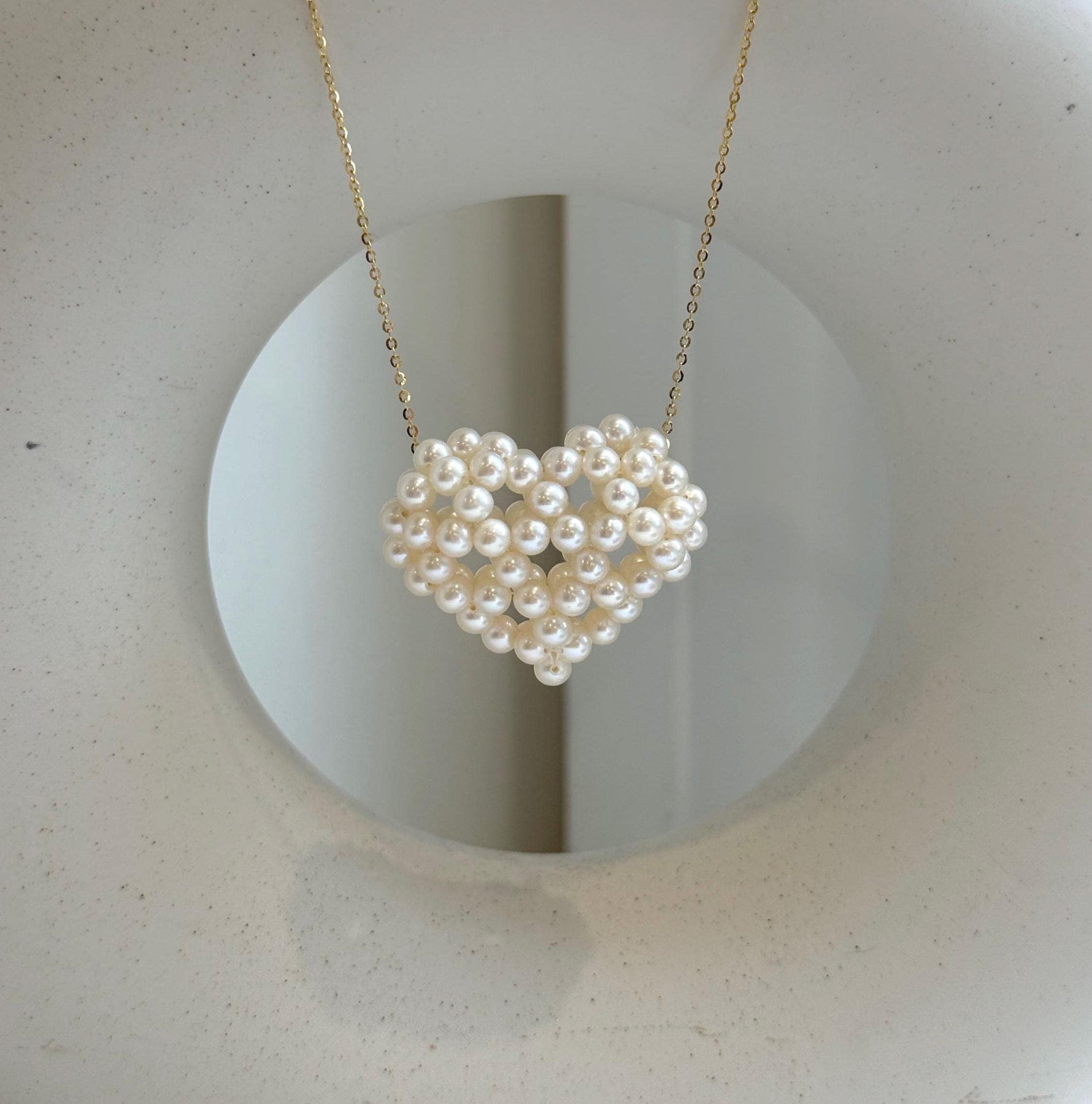 Elly’s 3D Heart white small pearls pendant: Extreme luster mirrored, 3.9-4.5mm, 3.5x3cm, S925 silver chain set. Pearl jewelry idea. gift for her