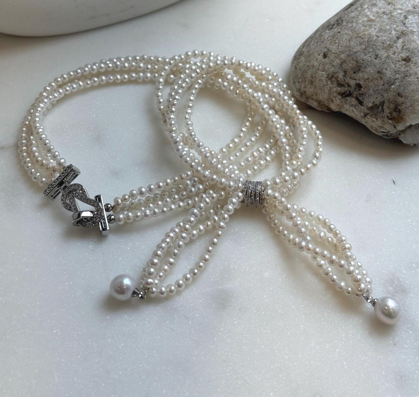 Elly’s 4-ply 3-4mm white keshi pearls necklace: Extreme luster, Handmade, 17.3”, fancy necklace strand. gift for her