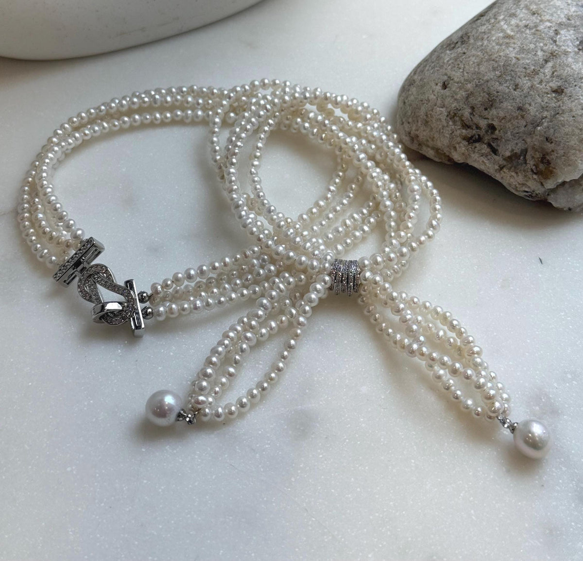 Elly’s 4-ply 3-4mm white keshi pearls necklace: Extreme luster, Handmade, 17.3”, fancy necklace strand. gift for her