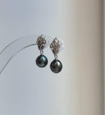 Elly’s 8.7mm Tahitian Peacock green ocean pearls leaf earrings: Extreme luster mirrored, 2.4cm high, silver earrings. Pearl jewelry idea. gift for her