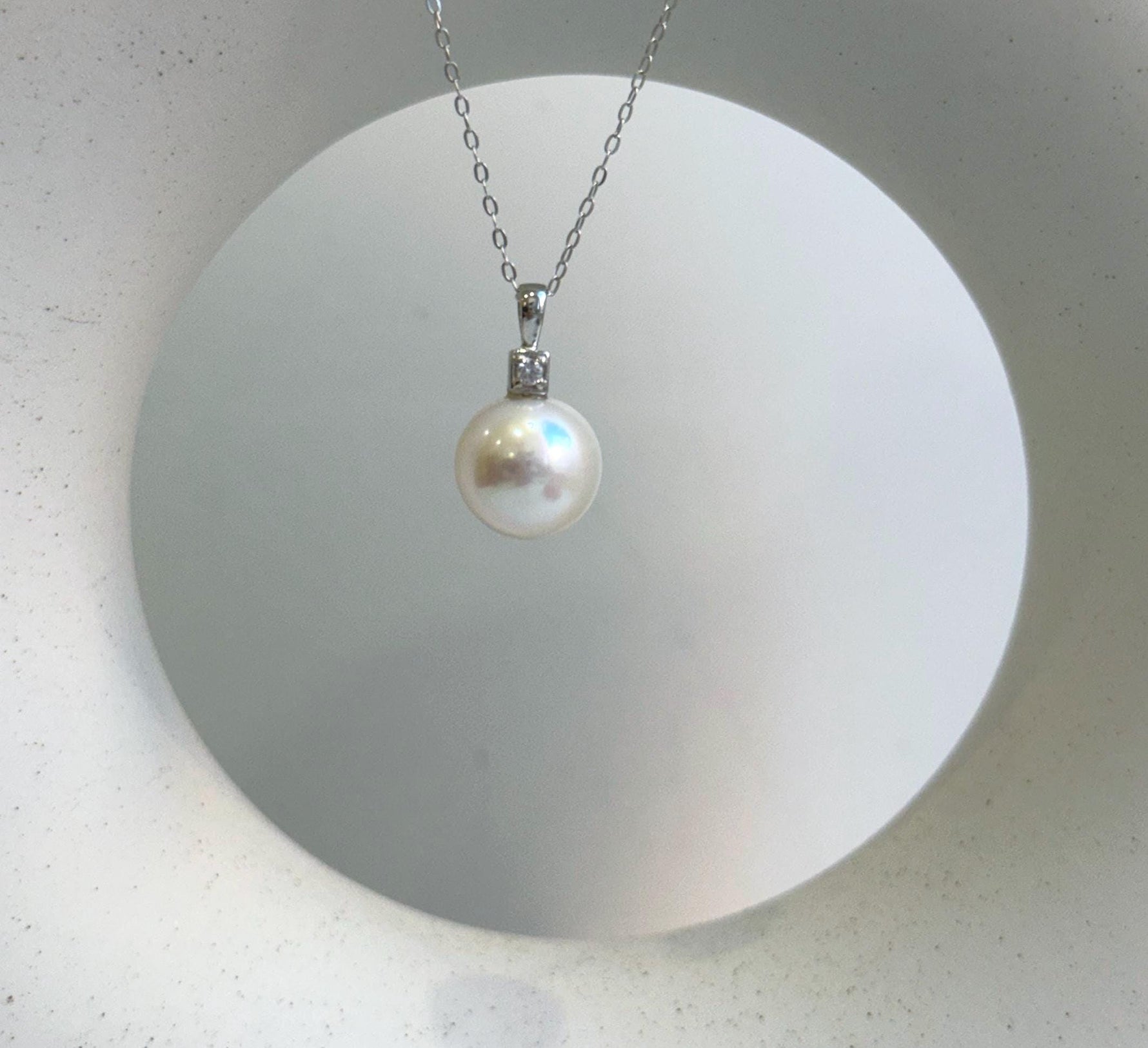 Elly’s 11.3mm White Edison Pearl pendant: Extreme luster mirrored, 2cm, S925 silver minimalist pendant chain set. gift for her holiday
