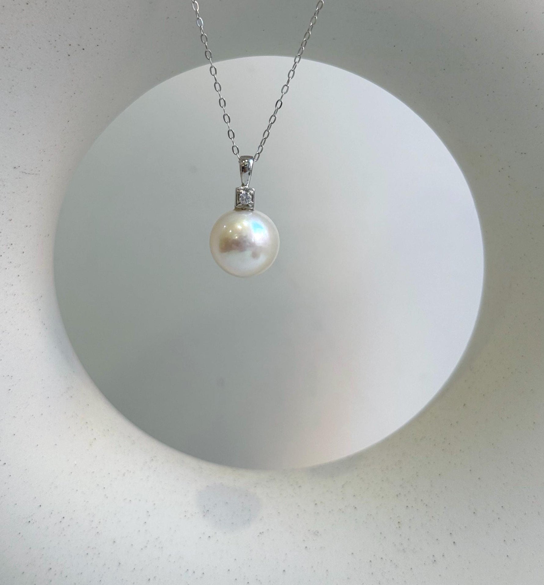 Elly’s 11.3mm White Edison Pearl pendant: Extreme luster mirrored, 2cm, S925 silver minimalist pendant chain set. gift for her graduation