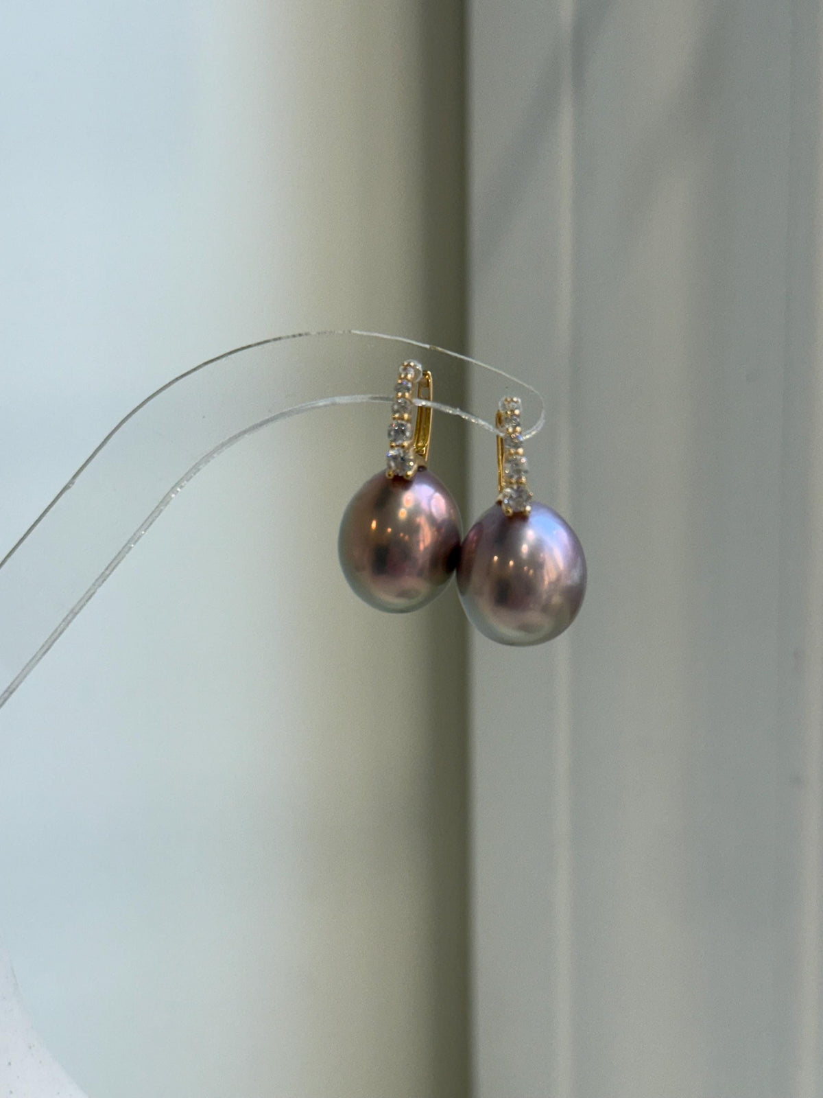 Elly’s 13.1mm big large Edison Pearls Earrings Hoops: Extreme luster Mirrored, rose green pearls, 2.5cm high, S925 silver earrings.