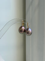 Elly’s 13.1mm big large Edison Pearls Earrings Hoops: Extreme luster Mirrored, rose green pearls, 2.5cm high, S925 silver earrings.