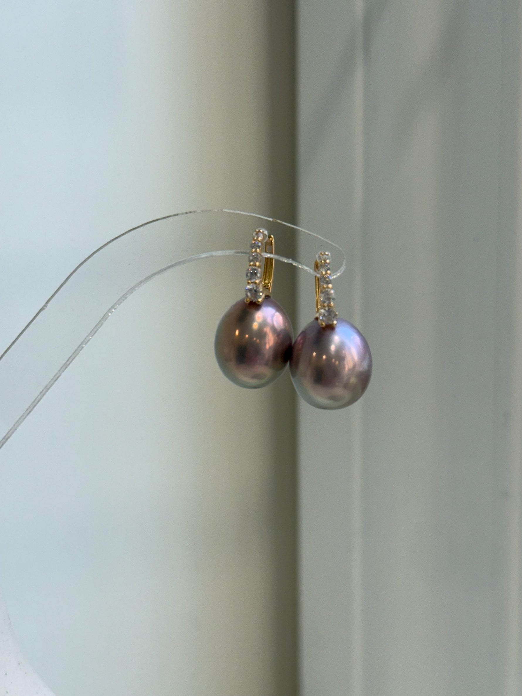 Elly’s 13.1mm big large Edison Pearls Earrings Hoops: Extreme luster Mirrored, rose green pearls, 2.5cm high, S925 silver earrings.