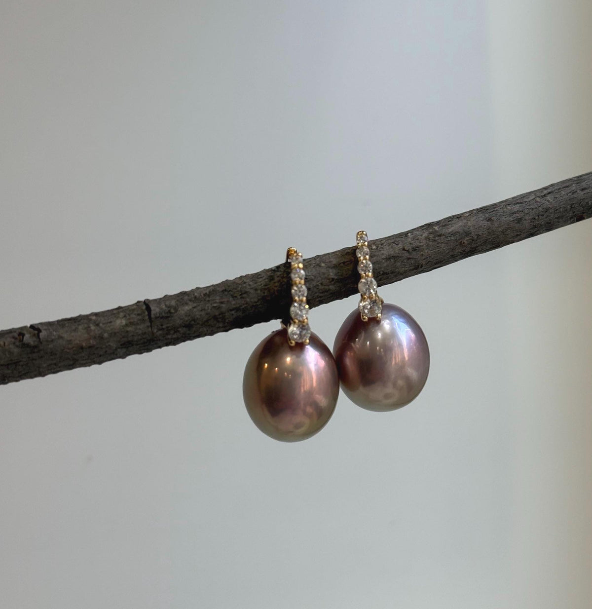 Elly’s 13.1mm Edison Pearls Earrings Hoops: Extreme luster Mirrored, rose green pearls, 2.5cm high, S925 silver earrings.