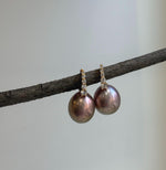 Elly’s 13.1mm Edison Pearls Earrings Hoops: Extreme luster Mirrored, rose green pearls, 2.5cm high, S925 silver earrings.