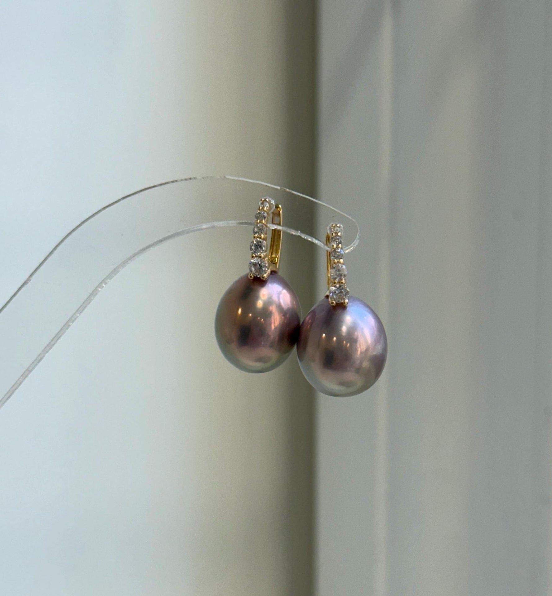 Elly’s 13.1mm Edison Pearls Earrings Hoops: Extreme luster Mirrored, rose green pearls, 2.5cm high, S925 silver earrings.