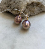 Elly’s 13.1mm big large Edison Pearls Earrings Hoops: Extreme luster Mirrored, rose green pearls, 2.5cm high, S925 silver earrings.