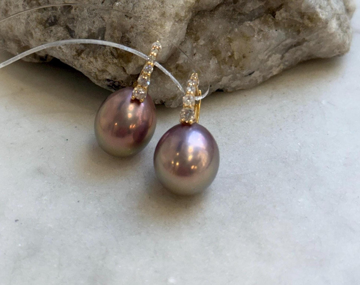 Elly’s 13.1mm big large Edison Pearls Earrings Hoops: Extreme luster Mirrored, rose green pearls, 2.5cm high, S925 silver earrings.