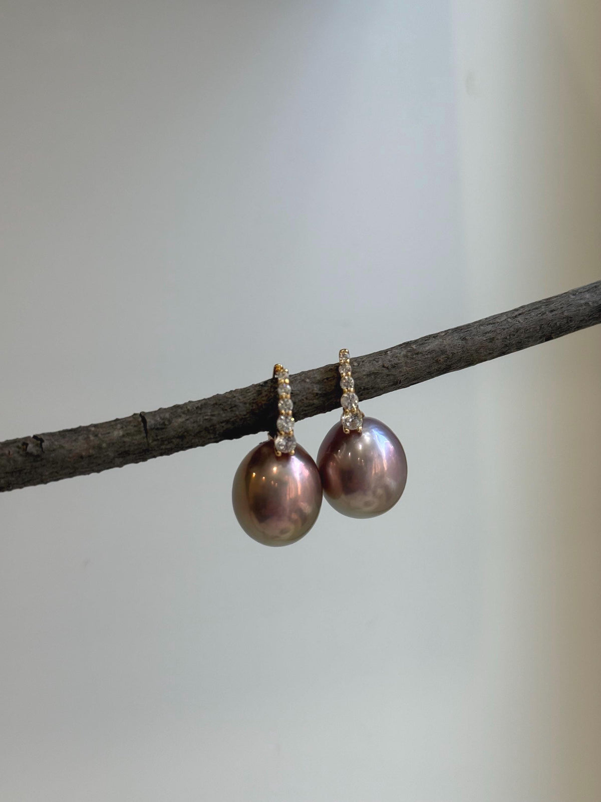 Elly’s 13.1mm big large Edison Pearls Earrings Hoops: Extreme luster Mirrored, rose green pearls, 2.5cm high, S925 silver earrings.