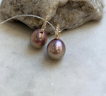 Elly’s 13.1mm big large Edison Pearls Earrings Hoops: Extreme luster Mirrored, rose green pearls, 2.5cm high, S925 silver earrings.