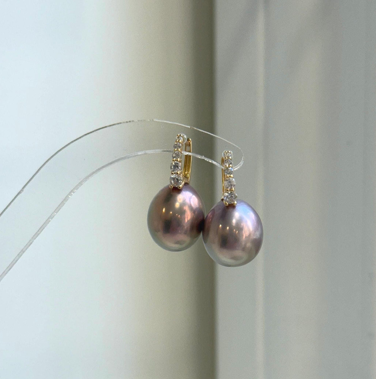 Elly’s 13.1mm big large Edison Pearls Earrings Hoops: Extreme luster Mirrored, rose green pearls, 2.5cm high, S925 silver earrings.