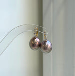 Elly’s 13.1mm big large Edison Pearls Earrings Hoops: Extreme luster Mirrored, rose green pearls, 2.5cm high, S925 silver earrings.