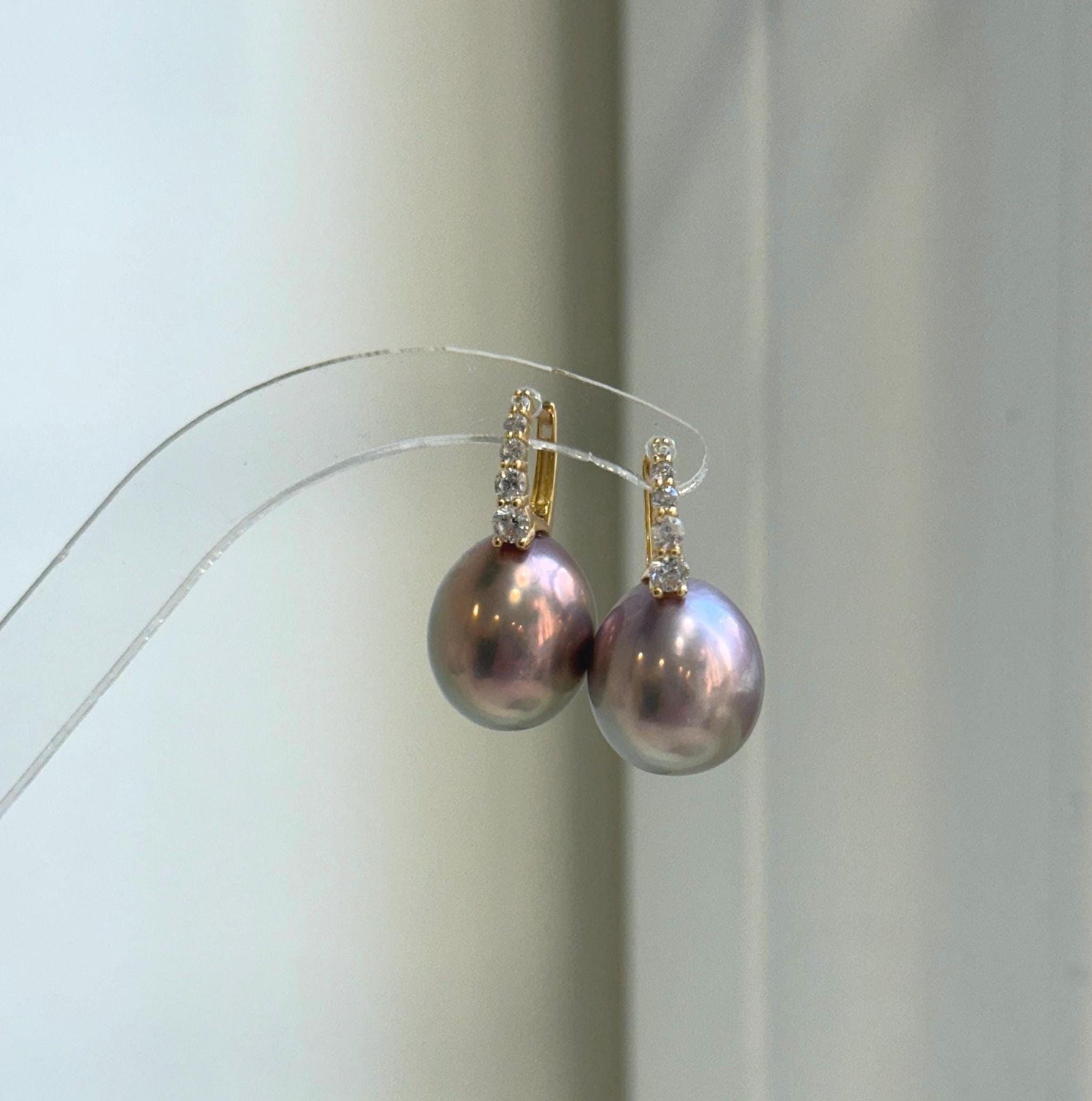 Elly’s 13.1mm big large Edison Pearls Earrings Hoops: Extreme luster Mirrored, rose green pearls, 2.5cm high, S925 silver earrings.