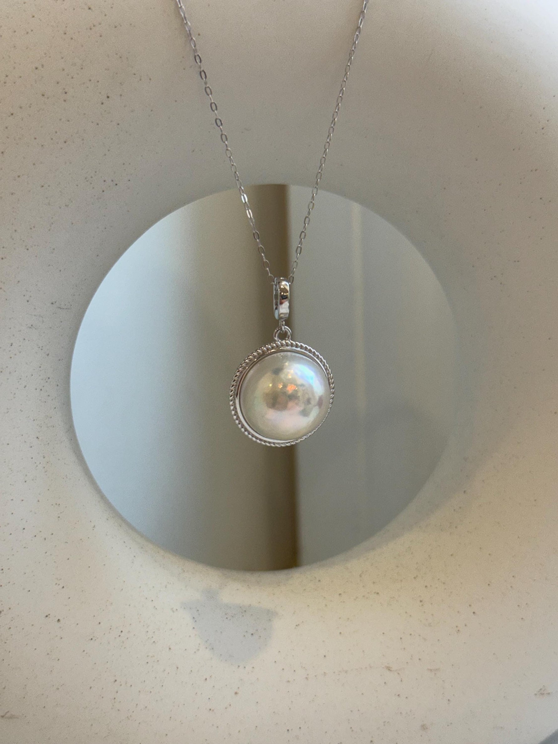Elly’s 15.7mm Japanese white iridescent Ocean Round Mabe Pearl Pendant: Extreme luster, S925 Silver base pendant Set. Valentine’s Day gift.