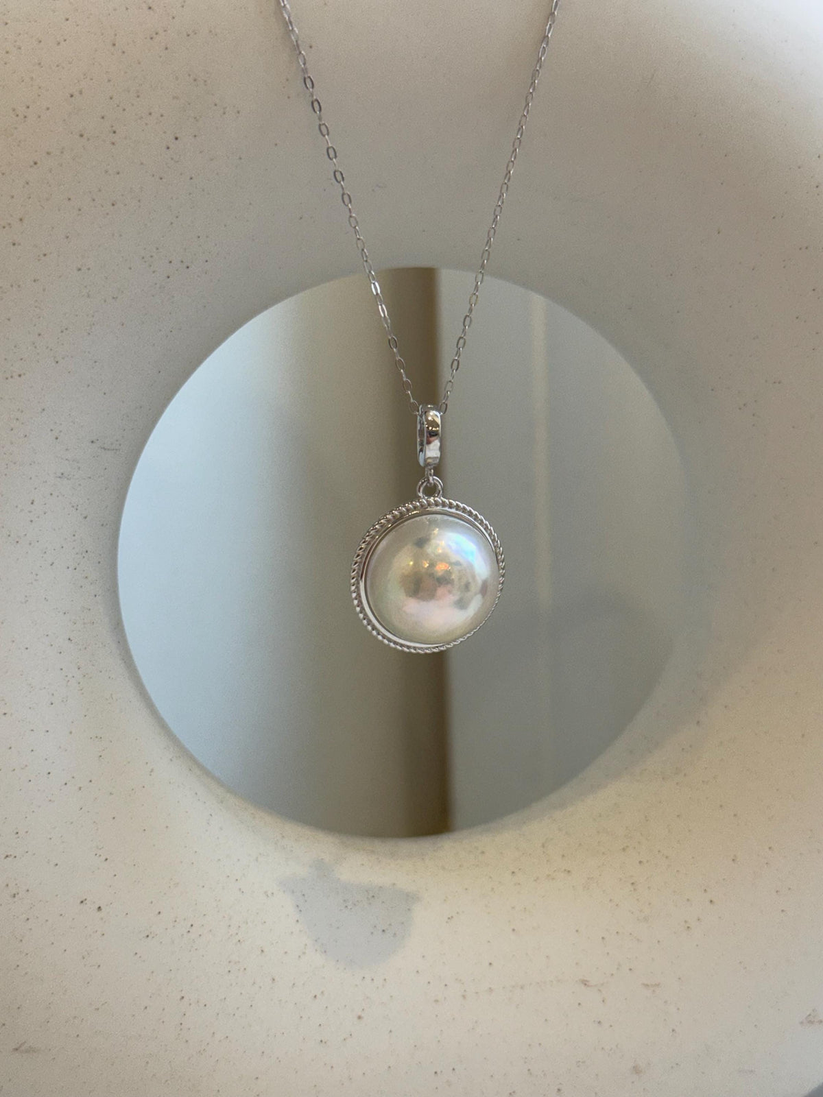 Elly’s 15.7mm Japanese white iridescent Ocean Round Mabe Pearl Pendant: Extreme luster, S925 Silver base pendant Set. Valentine’s Day gift.
