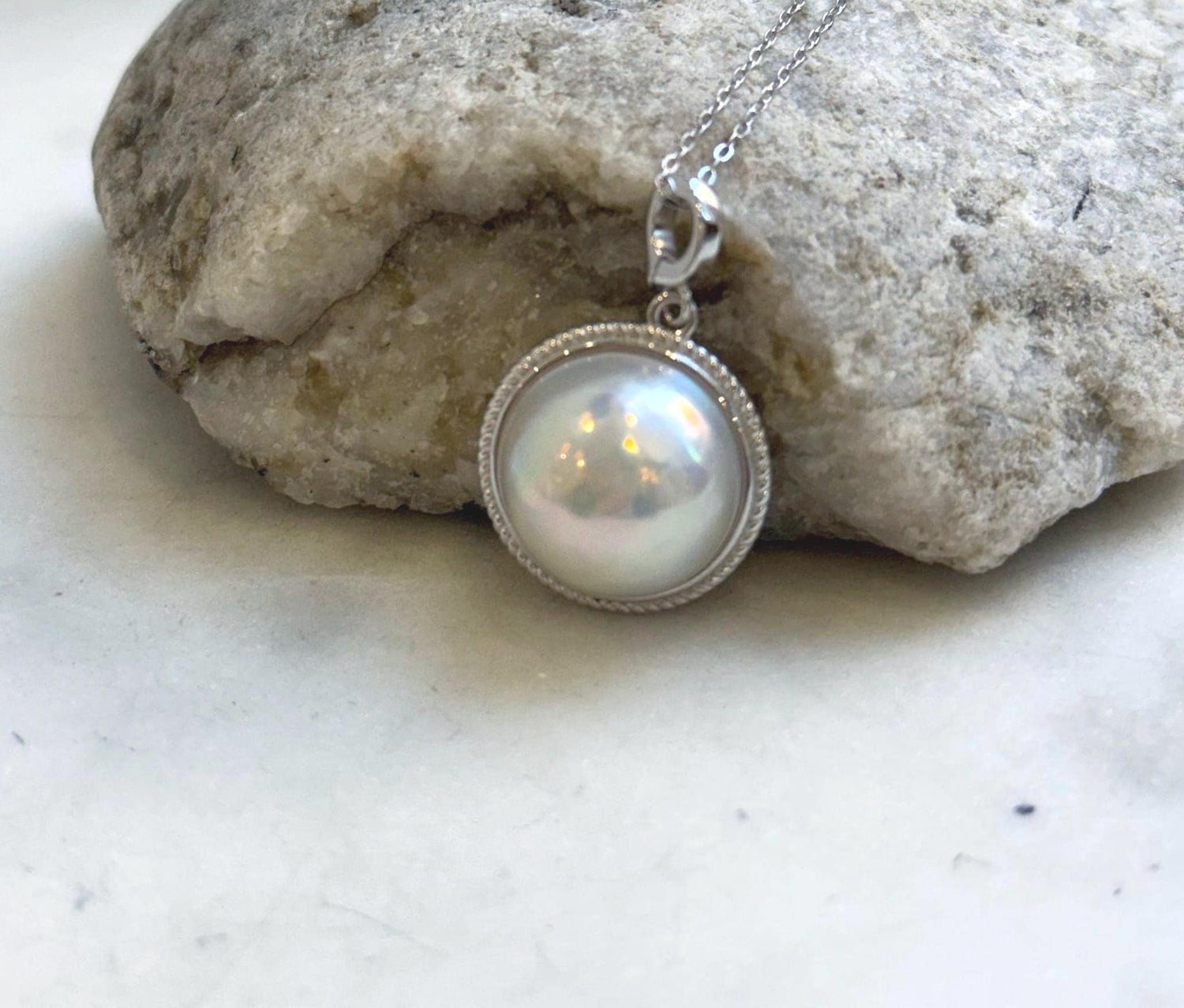 Elly’s 15.7mm Japanese white iridescent Ocean Round Mabe Pearl Pendant: Extreme luster, S925 Silver base pendant Set. Valentine’s Day gift.